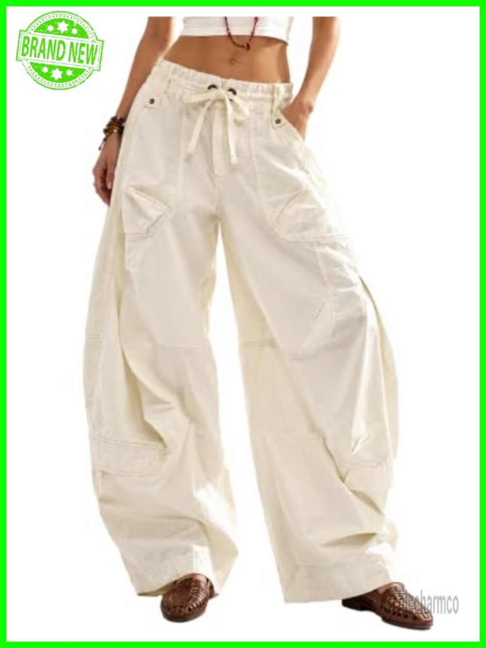 Womens Baggy Barrel Cargo Pants Drawstring Y2K Boho Streetwear